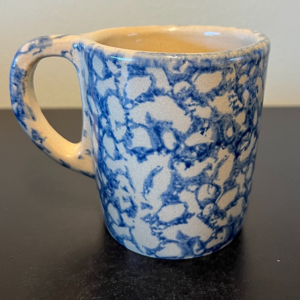 Vtg Roseville Ohio Pottery RRP Co USA Blue Spongeware Heavy Earthenware Mug Cup